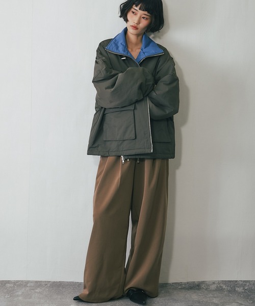 ステンカラーコート コート 襟バイカラーダブルファスナー中綿コート