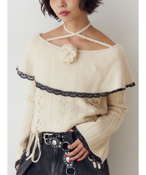 jouetie（ジュエティ） ニット セーター フリルレースオフショルニット