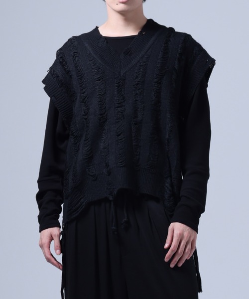 極美品 DIESEL ディーゼル ニットベスト ダメージ加工 変形 ブラック Ruze セーター ニット Side zip damage knit vest / サイドジップ