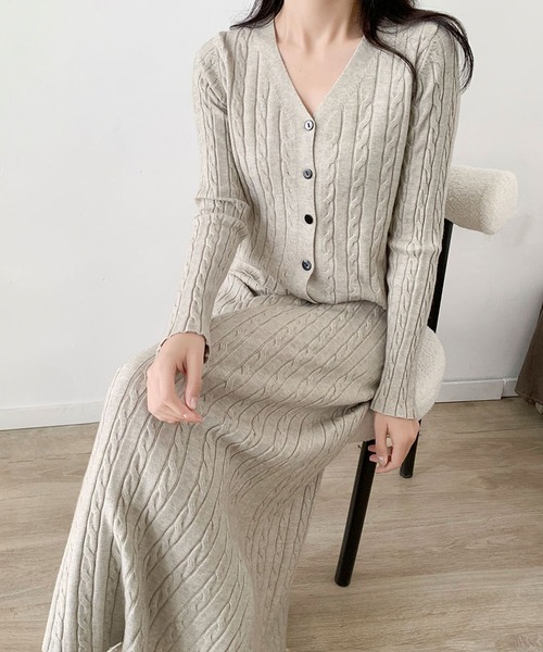 LOWO セットアップ Vネック ニットカーディガン 長袖 ロングスカート