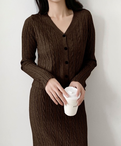 LOWO セットアップ Vネック ニットカーディガン 長袖 ロングスカート
