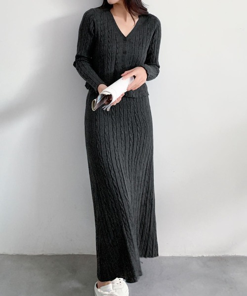 LOWO セットアップ Vネック ニットカーディガン 長袖 ロングスカート