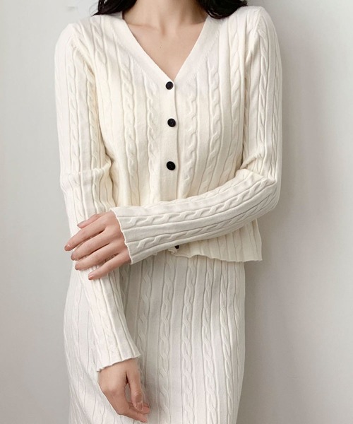 LOWO セットアップ Vネック ニットカーディガン 長袖 ロングスカート