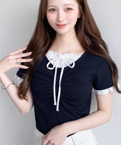 フー 紐ギャザーTシャツ カットソー 半袖 クルーネック ショート丈 2 白 フー 紐ギャザーTシャツ カットソー 半袖 クルーネック ショート丈 2