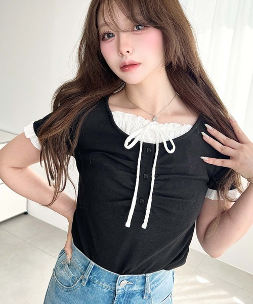moment+ ヘンリーネック tシャツ 半袖 フロントギャザーレイヤード風
