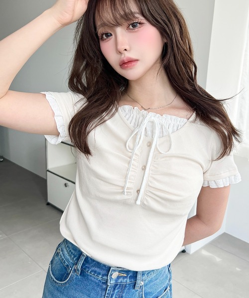 moment+ ヘンリーネック tシャツ 半袖 フロントギャザーレイヤード風