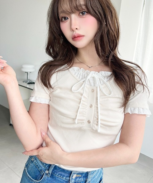 moment+ ヘンリーネック tシャツ フロントギャザーレイヤード風