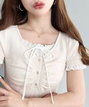 ヘンリーネック tシャツ 半袖 フロントギャザ...の詳細画像1