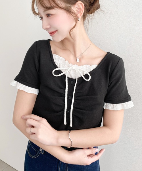 moment+ tシャツ フロントギャザーレイヤード風ヘンリーネックリブ