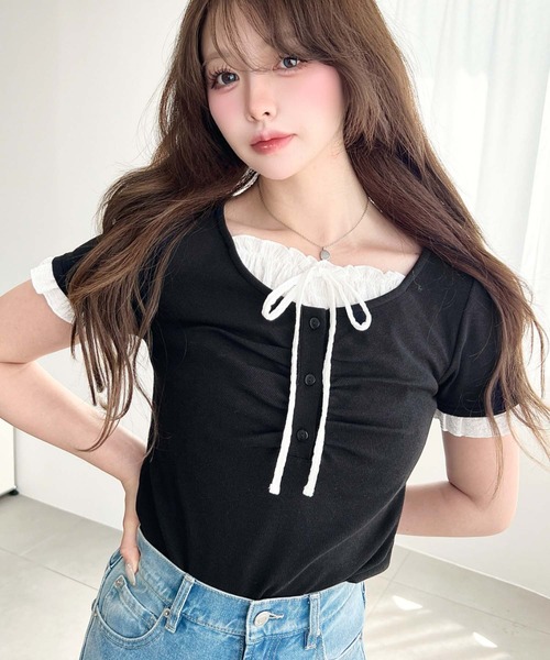 moment+ tシャツ フロントギャザーレイヤード風ヘンリーネックリブ