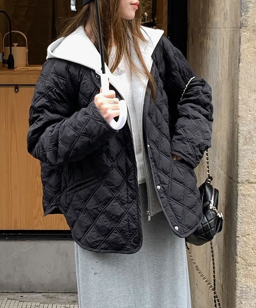 ブラック フード付き キルティングダウンジャケット ダウンコート ダウンジャケット オーバーサイズ着脱フード付き