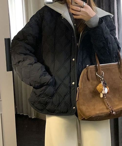 ブラック フード付き キルティングダウンジャケット ダウンコート ダウンジャケット オーバーサイズ着脱フード付き