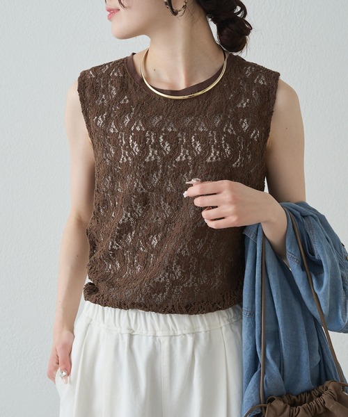 tシャツ ストレッチレースノースリーブＴシャツ レディースの画像