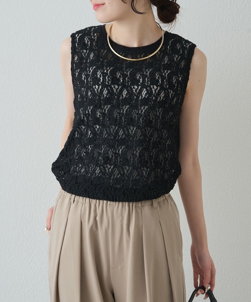 tシャツ ストレッチレースノースリーブＴシャツ レディースの画像