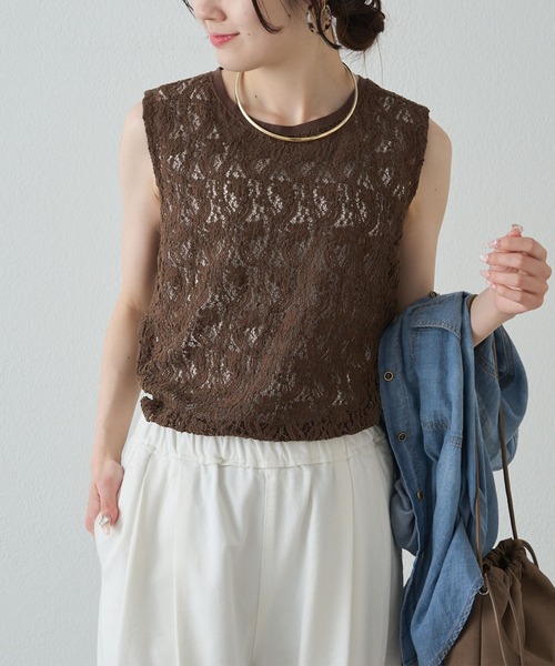 tシャツ ストレッチレースノースリーブＴシャツ レディースの画像