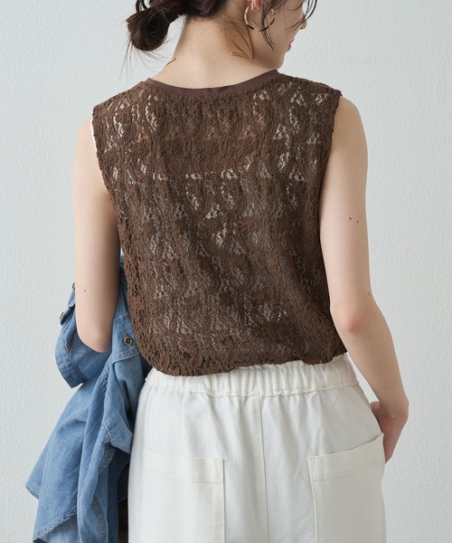 tシャツ ストレッチレースノースリーブＴシャツ レディースの画像