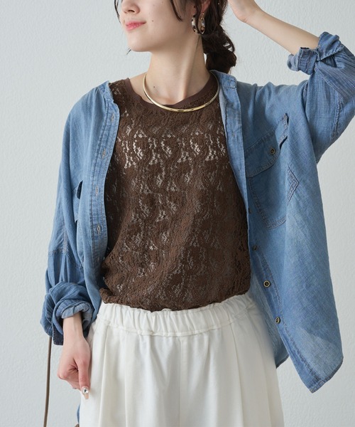 tシャツ ストレッチレースノースリーブＴシャツ レディースの画像
