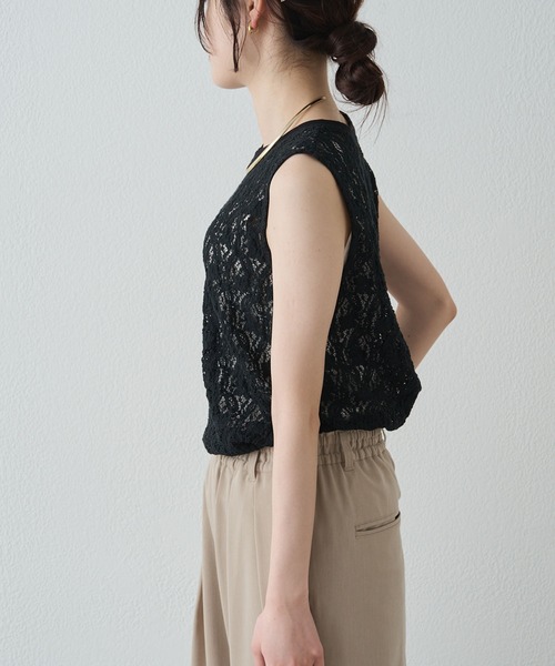tシャツ ストレッチレースノースリーブＴシャツ レディースの画像
