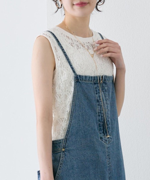 tシャツ ストレッチレースノースリーブＴシャツ レディースの画像