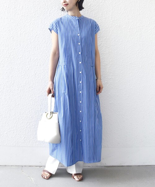 美品✨️シップス【WEB限定】タック切替ワンピース　ストライプ　ロング　ノースリ SHIPS（シップス） ワンピース 「WEB限定」「手洗い可能」ストライプ