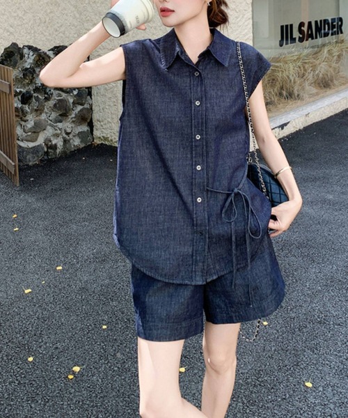 FAVORITO セットアップ デニムノースリーブトップスショートパンツ