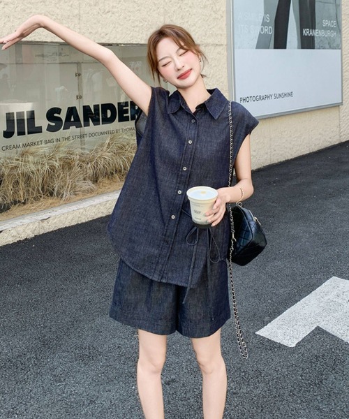 FAVORITO セットアップ デニムノースリーブトップスショートパンツ