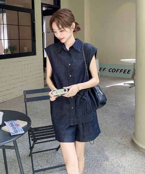 FAVORITO セットアップ デニムノースリーブトップスショートパンツ