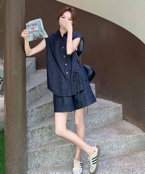 FAVORITO セットアップ デニムノースリーブトップスショートパンツ