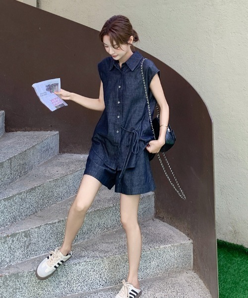 FAVORITO セットアップ デニムノースリーブトップスショートパンツ