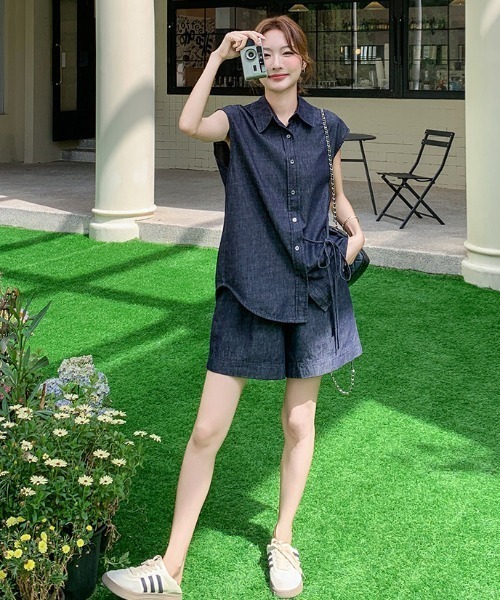 FAVORITO セットアップ デニムノースリーブトップスショートパンツ