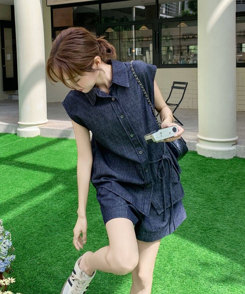 FAVORITO セットアップ デニムノースリーブトップスショートパンツ