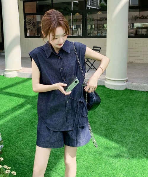 FAVORITO セットアップ デニムノースリーブトップスショートパンツ