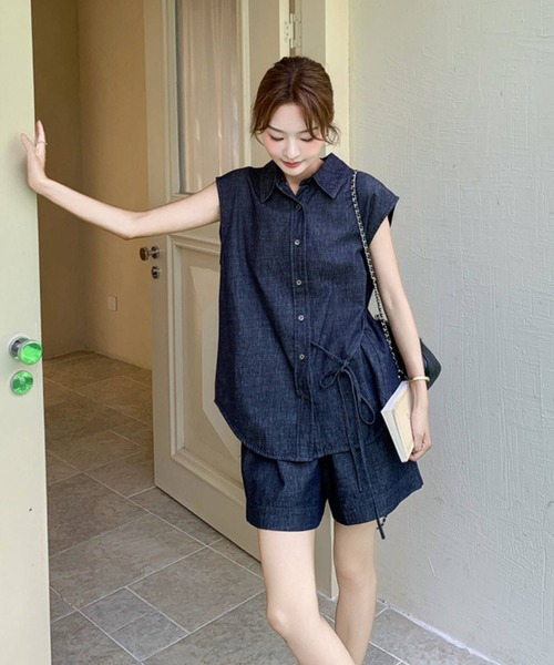 FAVORITO セットアップ デニムノースリーブトップスショートパンツ
