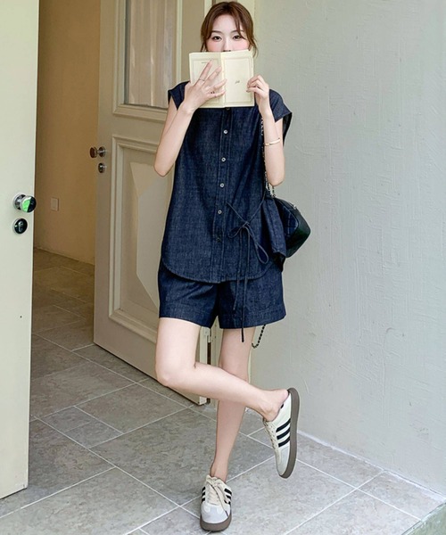 FAVORITO セットアップ デニムノースリーブトップスショートパンツ