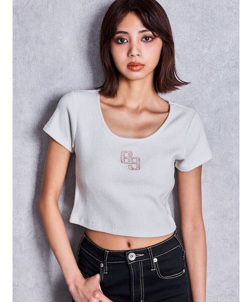 GYDA（ジェイダ） tシャツ 半袖 GGロゴラインストーンラメテレコハーフ