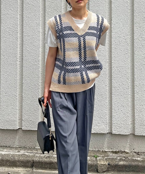 Jewelobe ベスト ジレ ビッグチェックオーバーサイズニット