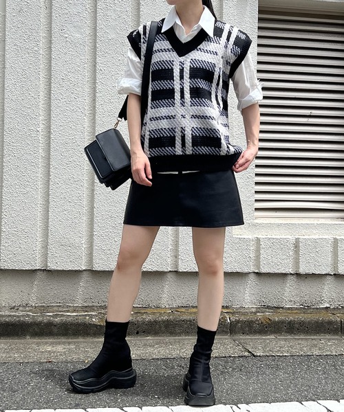 Jewelobe ベスト ジレ ビッグチェックオーバーサイズニット