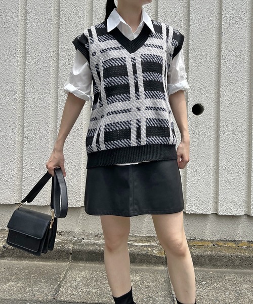 Jewelobe ベスト ジレ ビッグチェックオーバーサイズニット