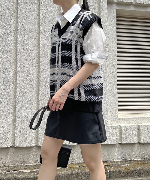 Jewelobe ベスト ジレ ビッグチェックオーバーサイズニット
