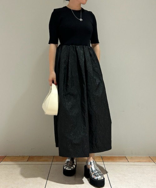 ワンピース ジャカードスカートドッキング5分袖ニットワンピース  