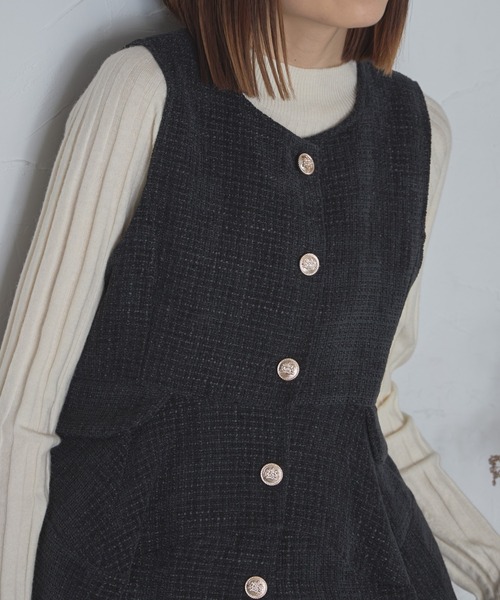 each alchemist ベスト ジレ ゴールド釦ツイードペプラムベスト