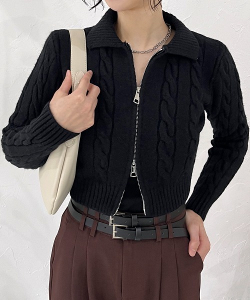 カーディガン ダブルジップケーブルニットカーデ レディース