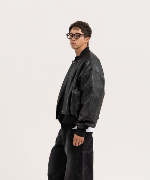 Nanmo. ブルゾン アウター オーバーサイズ切り替えフェイクレザーMA-1