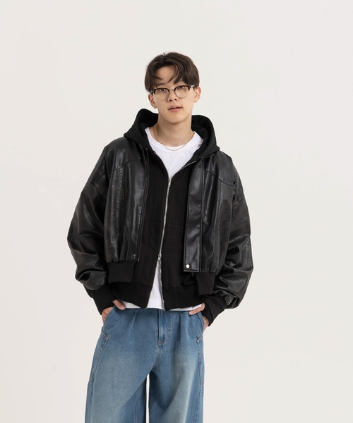 Nanmo. ブルゾン アウター オーバーサイズ切り替えフェイクレザーMA-1