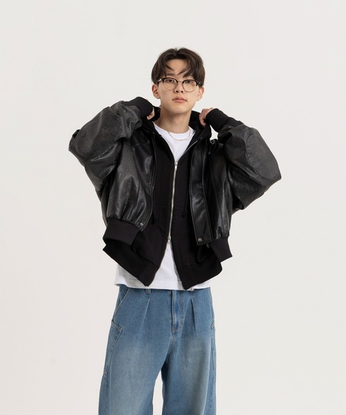 Nanmo. ブルゾン アウター オーバーサイズ切り替えフェイクレザーMA-1
