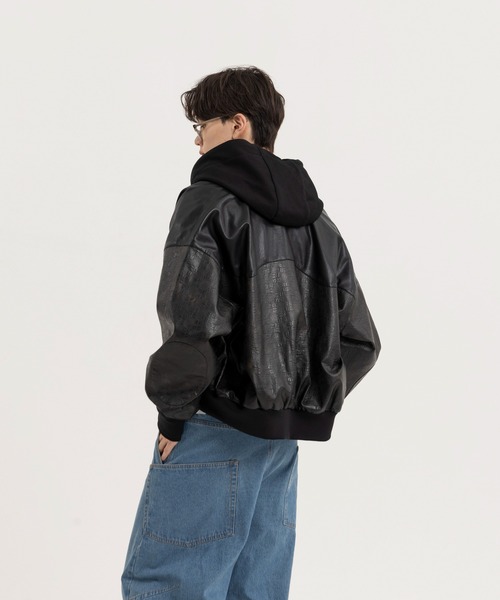 Nanmo. ブルゾン アウター オーバーサイズ切り替えフェイクレザーMA-1