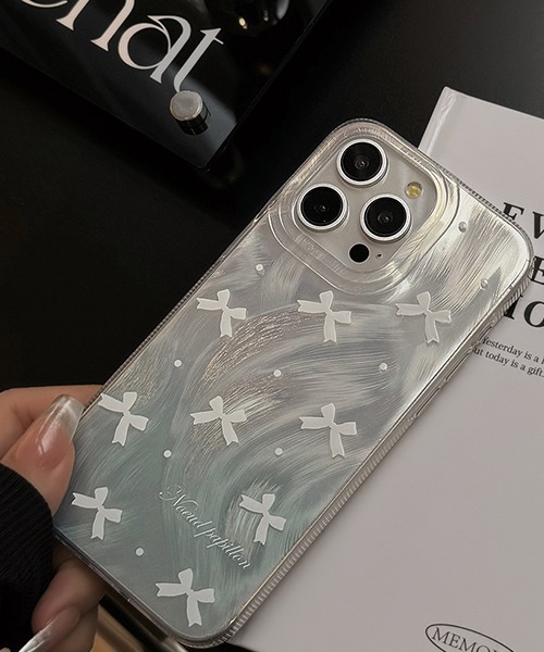 c.u.l スマホケース リボンドット ニュアンスシルバー iPhoneカバー