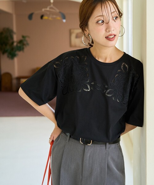 DAKS 花柄刺繍 Tシャツ 40 L ピンク FREAK'S STORE tシャツ 限定展開 花柄 カットワーク 刺繍 ルーズ