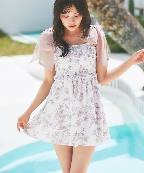 tocco closet シフォンリボンフラワープリントワンピース水着 tocco closet 水着 インナーパンツ付きシフォンリボンフラワー