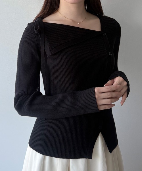 mipiarl ニット セーター ショルダーリボンアシンメトリーリブニット